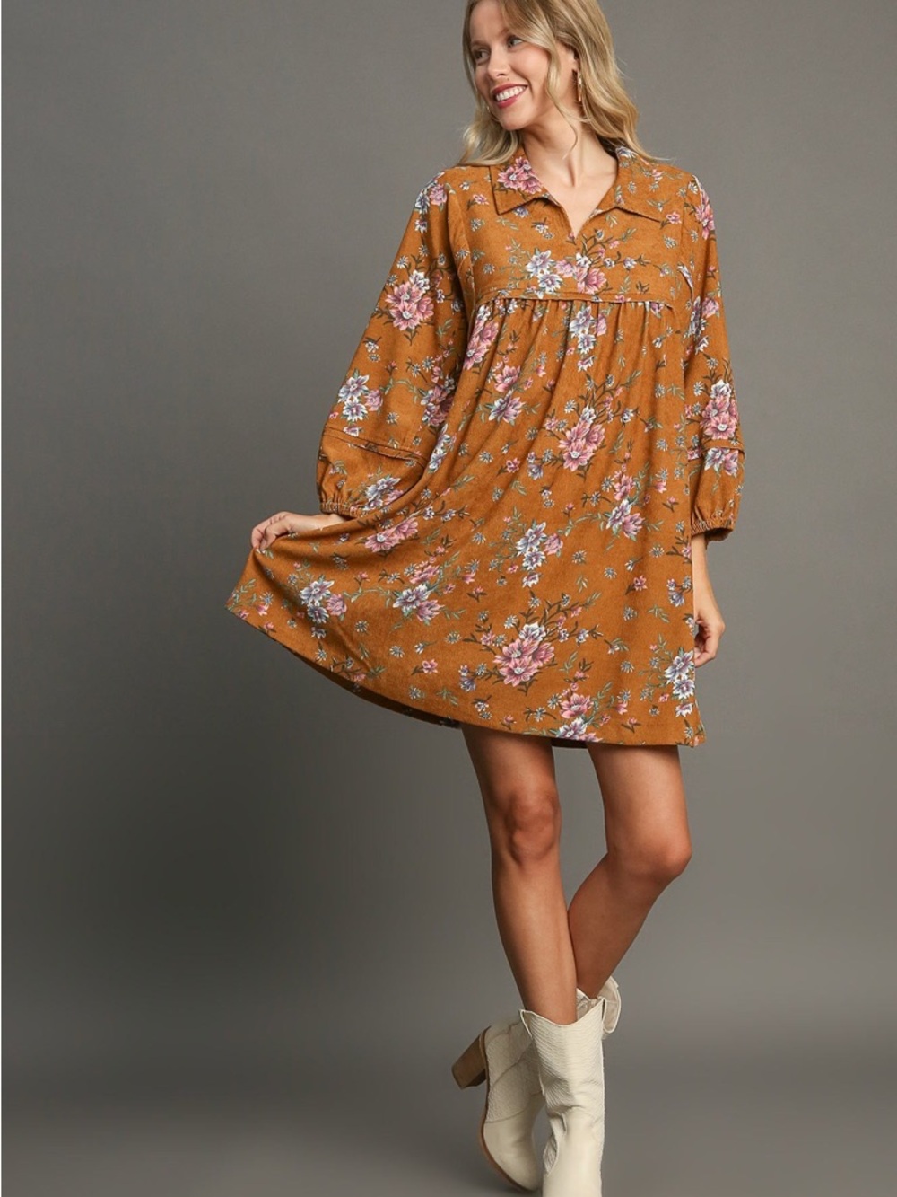 Umgee Mustard Floral Babydoll Mini Dress